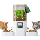 Product hero shot of a white automatic pet feeder with dual stainless steel bowls and a film strip showing captured pet moments.