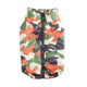 Camouflage-patterned dog coat with a zipper on a white background