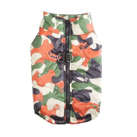 Camouflage-patterned dog coat with a zipper on a white background