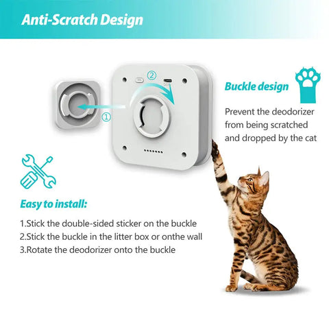 Cat deodorizer with anti-scratch design and installation guide.