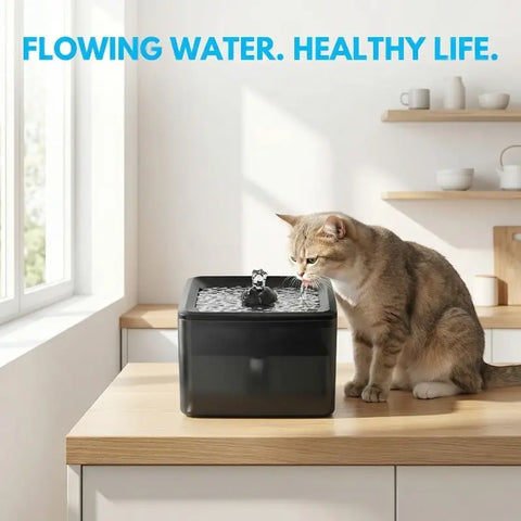 Domestic cat drinking flowing water from a black automatic pet fountain on a kitchen counter.