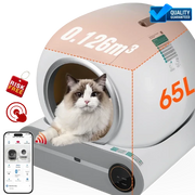 Cat lying inside a cat litter box with measurement details and app icon.