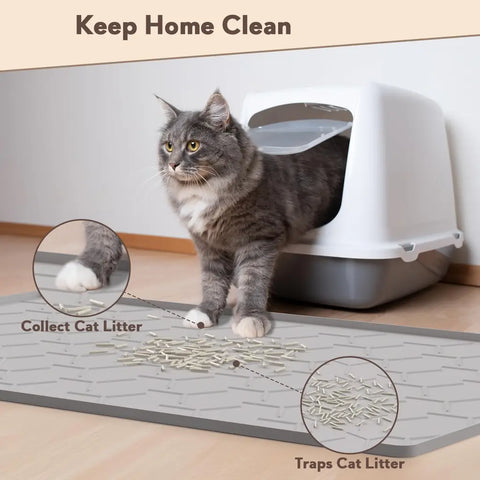 Longhaired cat exiting hooded litter box onto a grey litter collector mat