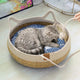 Cat lying in woven pet bed with striped cushion on light wood floor.