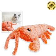Cat plush toy on a white background with a guarantee badge