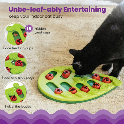 Diagram showing features of the cat leaf puzzle including 16 hidden treat cups and swivel leaves.