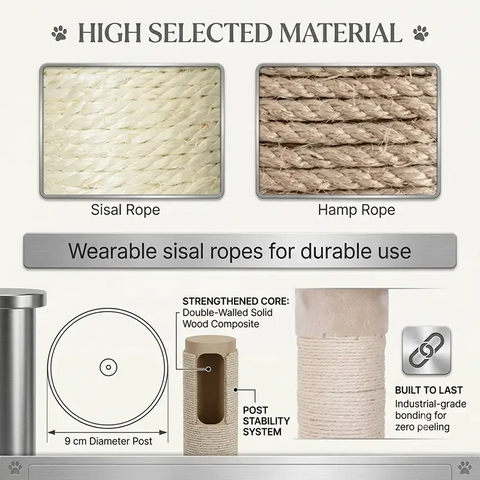 Premium sisal rope and hemp rope materials used on a 9cm diameter durable cat scratching post