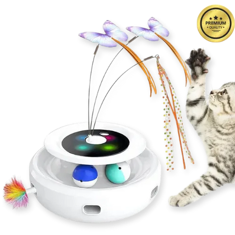 Cat toy with digital temperature display on a white background, quality guaranteed badge