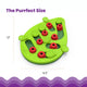 Dimensions of the leaf-shaped cat puzzle toy showing 13-inch length and 9.5-inch width.