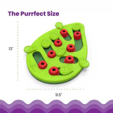 Dimensions of the leaf-shaped cat puzzle toy showing 13-inch length and 9.5-inch width.