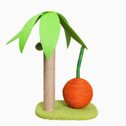 Cat tree with palm leaf and orange ball on a white background