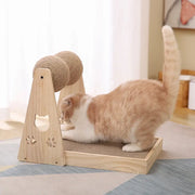 Cat using a wooden scratching post with sisal rope, with measurements