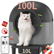 Cat using a self-cleaning litter box with a smartphone app interface.
