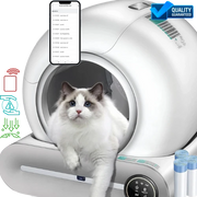 Cat using a self-cleaning pet litter box with smartphone app.