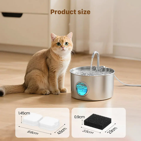 Product size specifications showing the exact dimensions of the replacement carbon filter and foam sponge next to a cat drinking fountain.