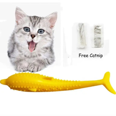 Cat with a yellow fish-shaped toy and text 'Free Catnip' on white.