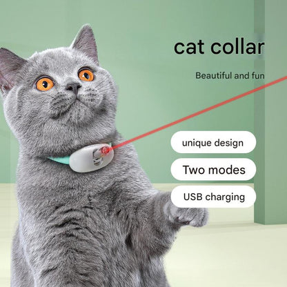 Cat wearing a cat collar with text highlighting features on a green background