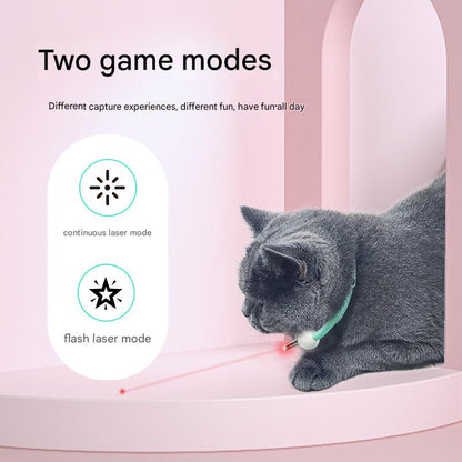 Cat playing with a laser pointer device on a pink background, showcasing two game modes.