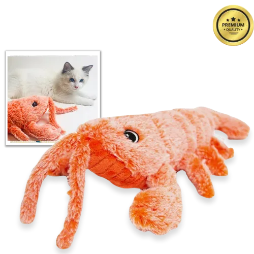 cat plush toy on a white background with a guarantee badge.