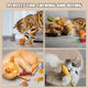 Collage of four different cats playing, kicking, and biting durable Pawsible vegetable and fish-shaped plush catnip toys.