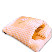 Checkered pet bed with a cartoon cat design on a white background