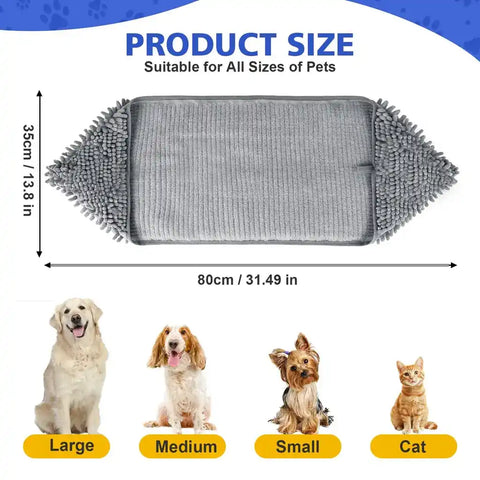 Size chart for the chenille microfiber pet towel showing dimensions of 31.49 inches by 13.8 inches (80cm x 35cm), indicating it is a suitable drying towel for cats, small, medium, and large dog breeds.