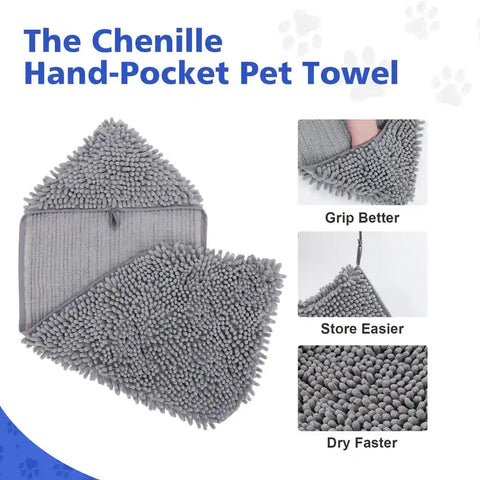 Product feature graphic for the chenille hand-pocket pet towel, highlighting its easy-grip triangular hand pockets, a built-in hanging loop for easy storage, and close-up of the fast-drying noodle microfiber texture.