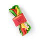 Top-down view of a colorful Chewffon plush burrito dog toy with multi-layered fabric layers for interactive treat sniffing games.