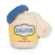 Chewffon Tail Mayonnaise jar plush dog toy with an open blue lid and a pull-out interactive fabric snuffle strip.