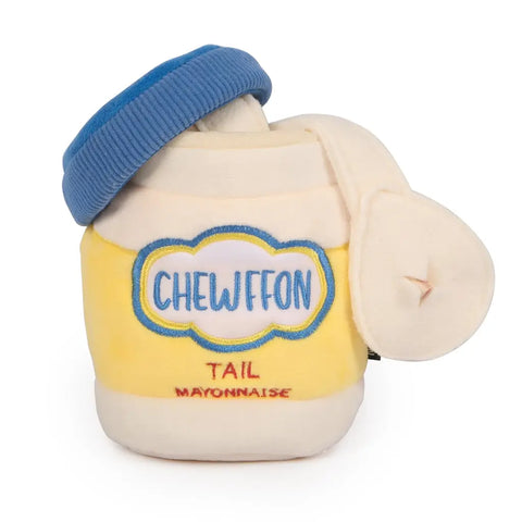 Chewffon Tail Mayonnaise jar plush dog toy with an open blue lid and a pull-out interactive fabric snuffle strip.