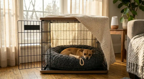 A Chihuahua resting comfortably inside a soft, open crate with a plush blanket, a chew toy beside it, and a calming pheromone diffuser visible in the background.