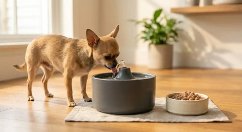 Chihuahua drinking from a ceramic water fountain with a bowl of high-moisture wet food nearby, demonstrating effective hydration solutions for small breed dogs.