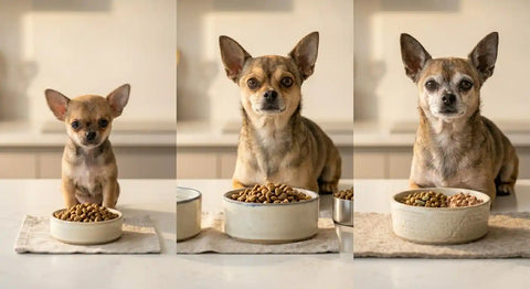 Chihuahua life stages comparison showing a Chihuahua puppy with puppy food, an adult Chihuahua with adult small breed kibble, and a senior Chihuahua with senior-specific food, highlighting age-appropriate nutrition.