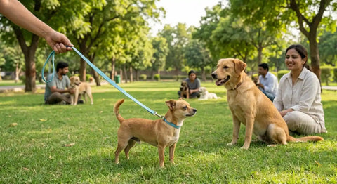 A small Chihuahua on a leash looking curiously at a larger friendly dog in a grassy park, with a person holding the leash calmly.