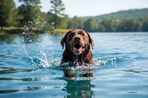 Chocolate Labrador swimming for low-impact joint exercise