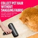 Fabric-safe black ChomChom lint roller picking up orange cat hair from a cream rug.