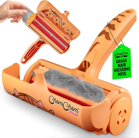 Orange cat edition ChomChom Roller pet hair remover showing opened fur collector chamber.