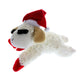 Holiday themed Lamb Chop dog toy wearing a red and white Santa hat.