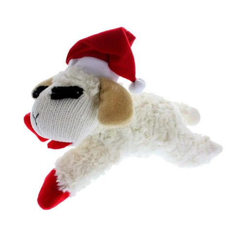 Holiday themed Lamb Chop dog toy wearing a red and white Santa hat.
