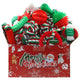 Christmas themed puppy toy gift box filled with red and green rope and rubber toys