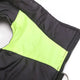 Close-up of a black and green jacket with a zipper