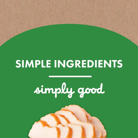 Graphic showing sliced real chicken breast emphasizing simple, natural ingredients used in Buddy Biscuits.