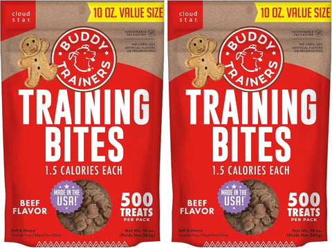 Cloud Star Buddy Trainers Training Bites beef flavor dog treats, 10 oz value size two-pack front view.