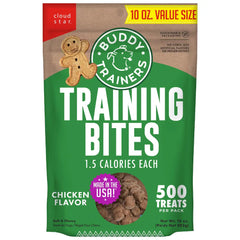 Front packaging of Cloud Star Buddy Trainers chicken flavor training bites dog treats, 10 oz value size bag