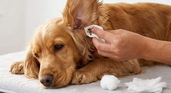 Step-by-step demonstration of safe cocker spaniel ear cleaning showing gentle massage at base of ear with vet-approved ear cleaner solution and cotton ball for outer ear wipe