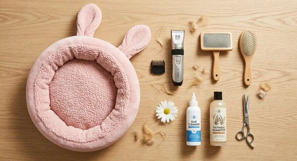 Complete cocker spaniel grooming products flat lay including slicker brush, pin brush, rechargeable pet hair clipper K8, ear cleaner bottle, hypoallergenic shampoo, and bunny ear nest bed