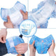 Collage of blue baby diapers with hands holding them.