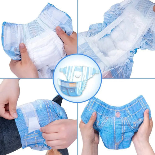 Collage of blue baby diapers with hands holding them.