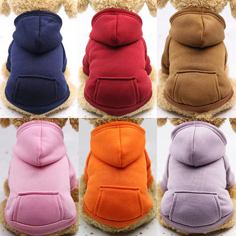 Collage of six dog hoodies in different colors on white background.