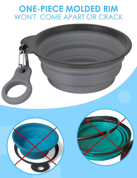Expanded grey collapsible dog bowl showing durable one-piece molded rim feature against faulty multi-piece